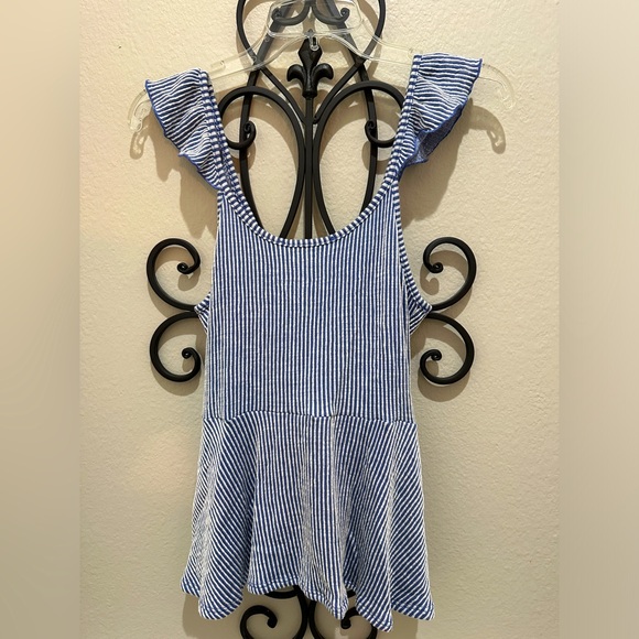 Ruffle Sleeve Blue & White Striped Top - Picture 2 of 4